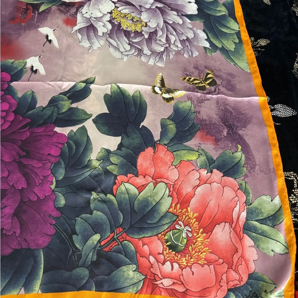 Floral Silk Scarf with Orange Border - Picture 3 of 7